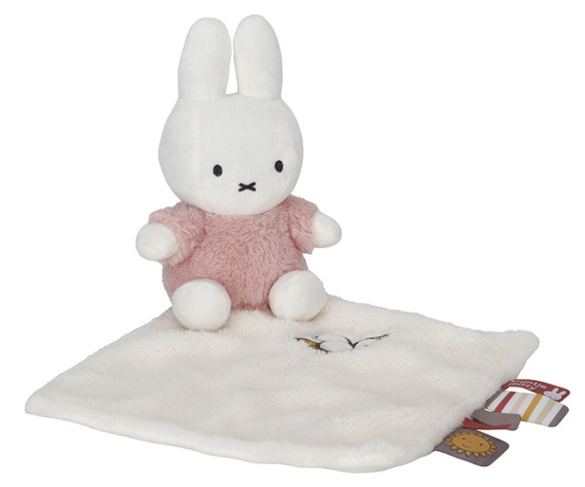 Roosa Miffy Fluffy Pink kaisulapp, mille keskel on pehme jänku ja külgedel sensoorseid silte.