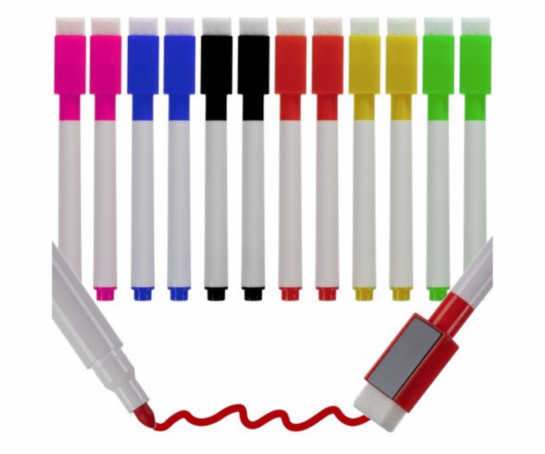 Kuivpühitavad tahvelmarkerid magneti ja svammiga – 12 tk / 6 värvi