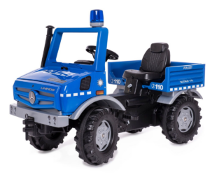 Rolly Unimog Police pedaalidega lasteauto, sinine politseiauto vilkuriga.