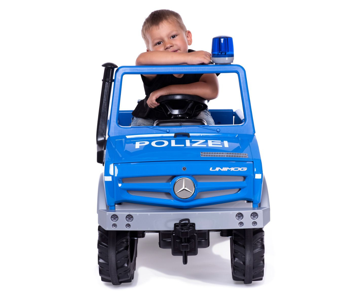 Laste pedaalauto vilkuriga, politsei teemaline mängusõiduk.