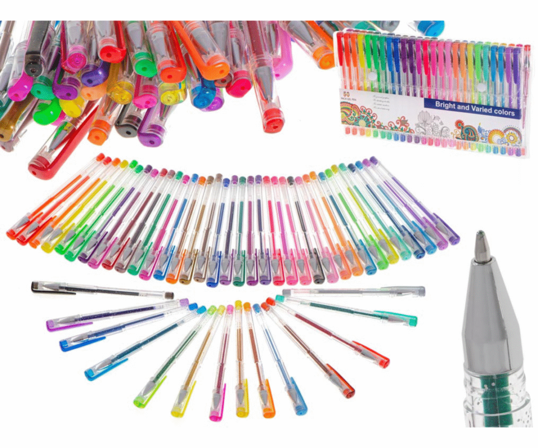 Glitter- ja geelpliiatsite komplekt 50 erineva värviga plastkarbis