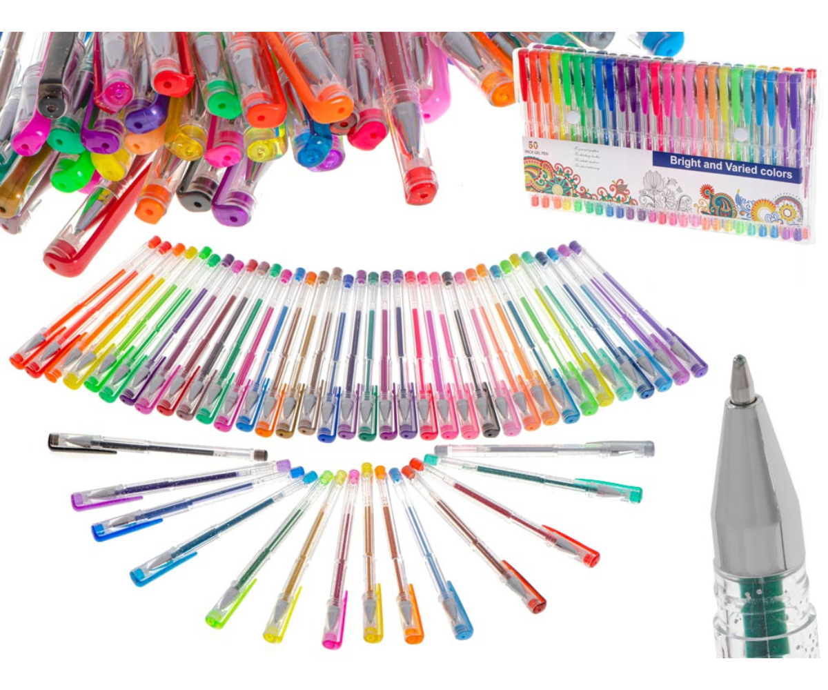 Glitter- ja geelpliiatsite komplekt 50 erineva värviga plastkarbis