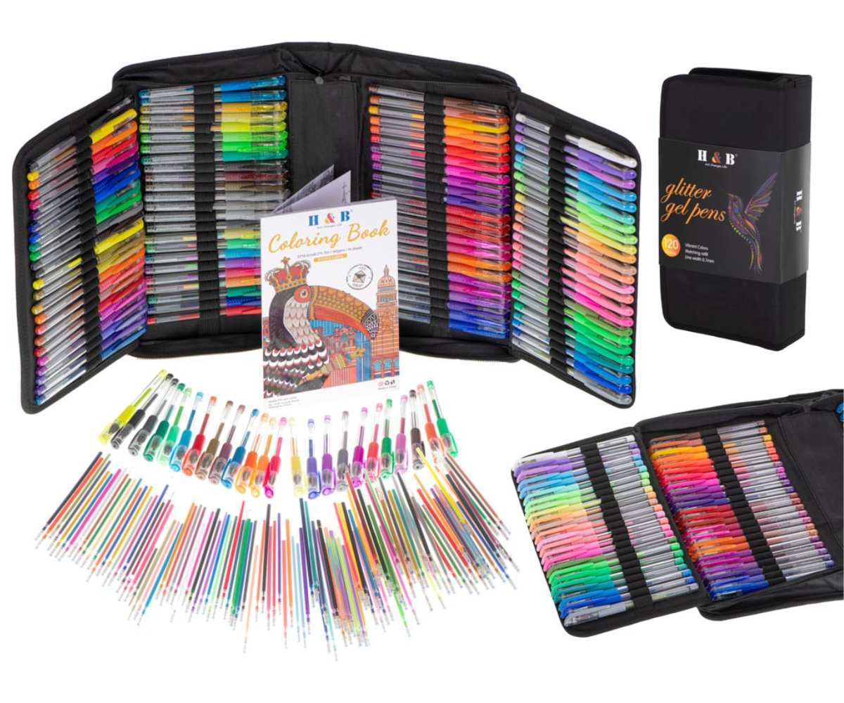 Värviliste geelpliiatsite komplekt karbis 120 pliiatsit ja 120 täitesüsi