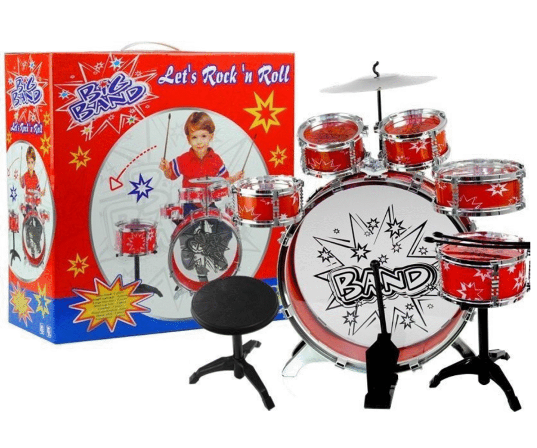 Laste punane 6-osaline trummikomplekt koos taldriku ja trummipulkadega.