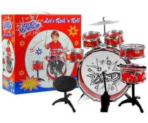 Laste punane 6-osaline trummikomplekt koos taldriku ja trummipulkadega.