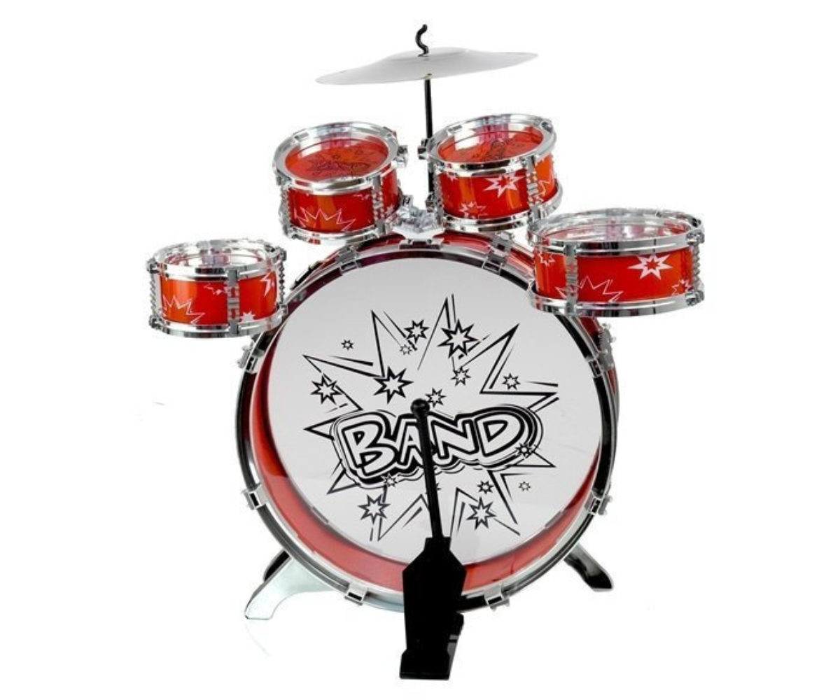 Suur trumm pedaaliga ja kolm väiksemat trummi laste trummikomplektis.