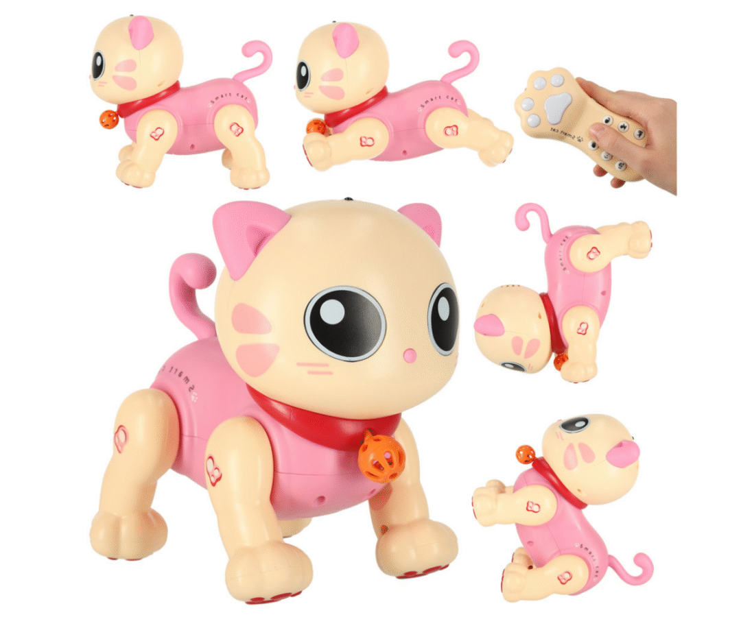 Roosa interaktiivne kassirobot, mis seisab esikäppadel ja demonstreerib trikke.