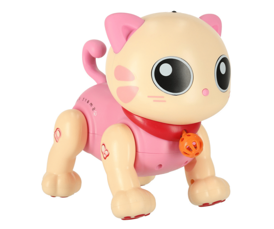 Puldiga juhitav kassipoeg mänguasjana – roosa robotkass istuvas asendis.