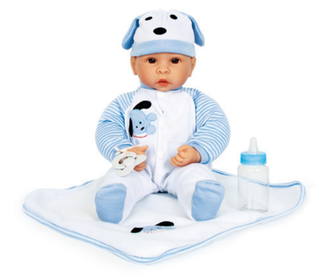 Komplekti kõik osad – beebinukk Benno, tekk, müts, lutt ja pudel grupipildina