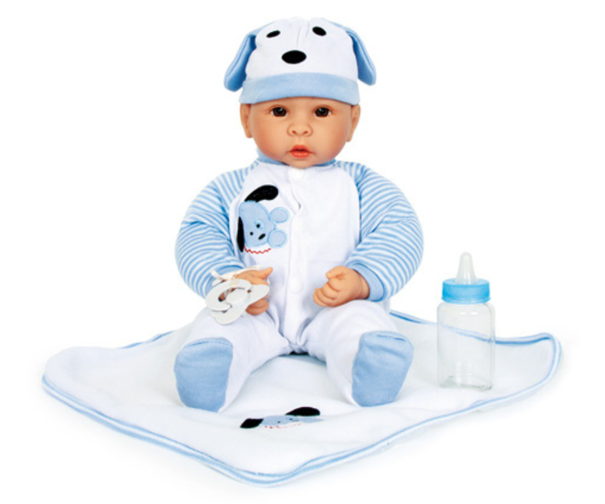 Komplekti kõik osad – beebinukk Benno, tekk, müts, lutt ja pudel grupipildina