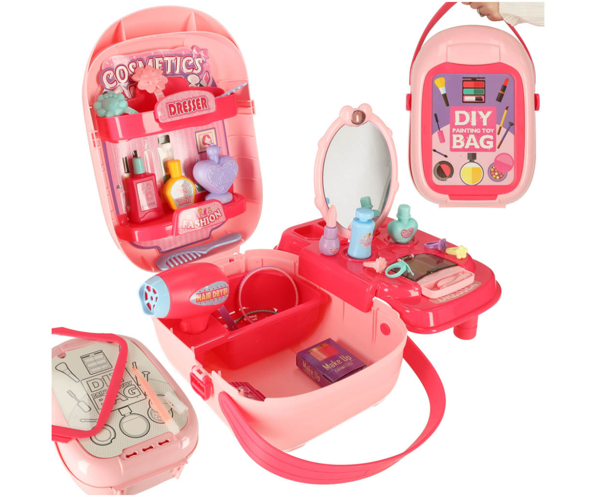 Laste mänguföön, peegel ja juukseklambrid kosmeetikakomplekti osana, mängukosmeetika