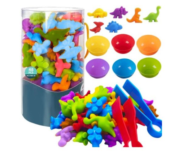 Montessori õppemäng - värviliste dinosauruste sorteerimine