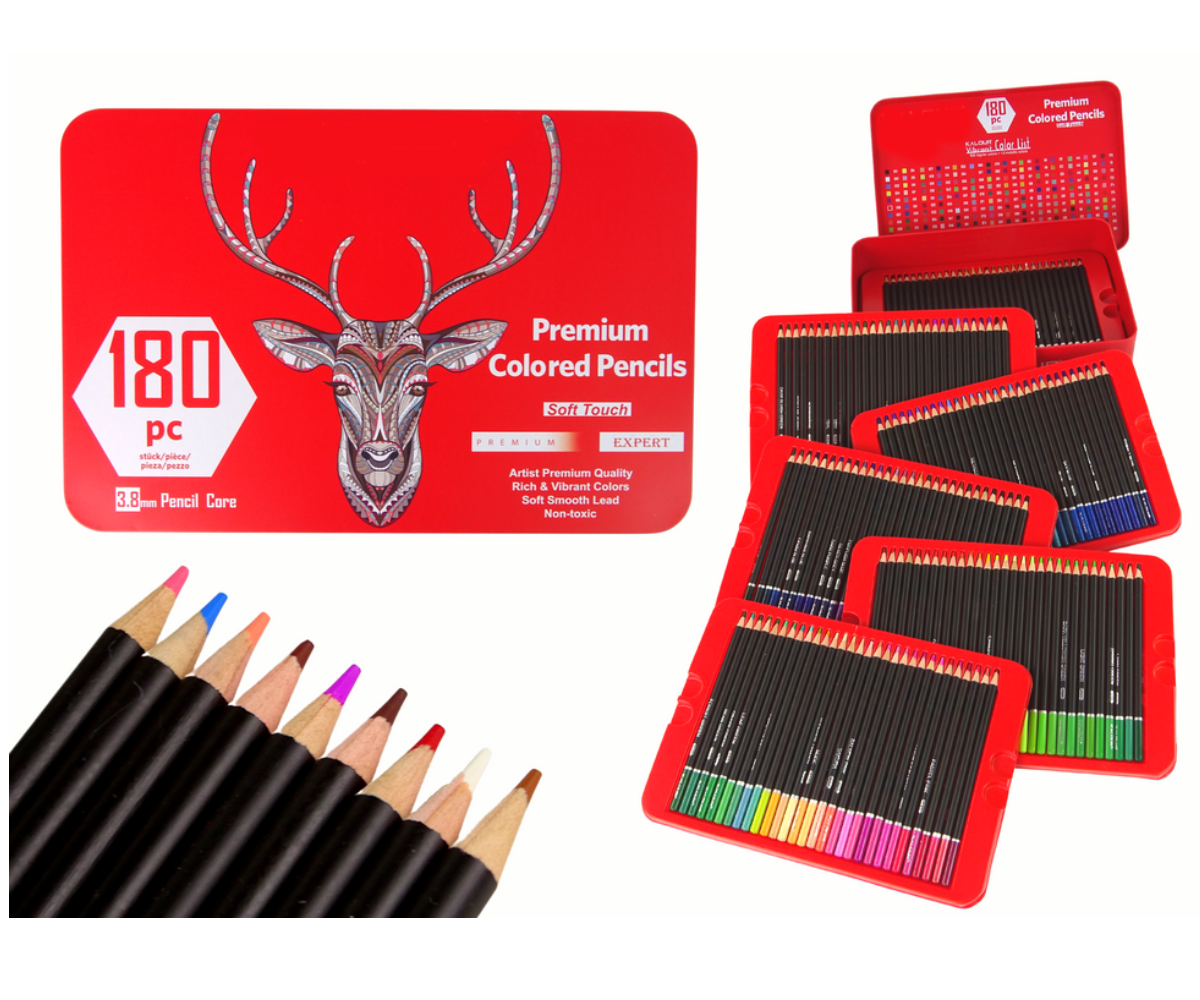 Väikese kunstniku värvipliiatsite komplekt metallkarbis 180-osaline avatud karbis värvidega