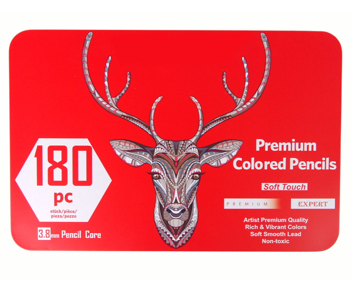 180-osaline värvipliiatsikomplekt koos värvikaardi ja karbiga laual