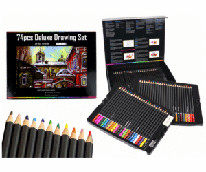 Joonistuskomplekt 74-osaline XXL magnetkinnitusega karbis, värvilised pliiatsid reas