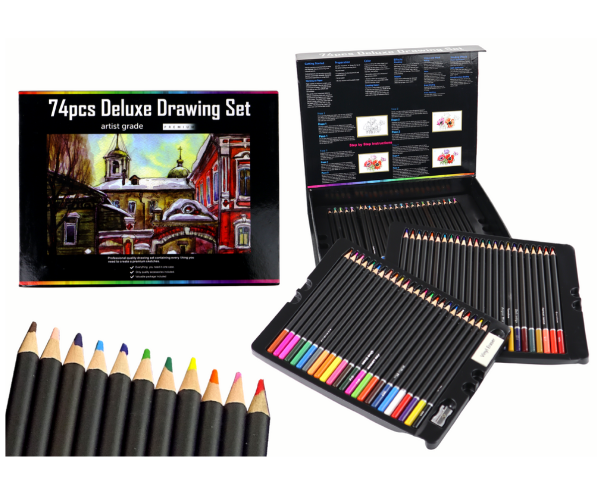 Joonistuskomplekt 74-osaline XXL magnetkinnitusega karbis, värvilised pliiatsid reas
