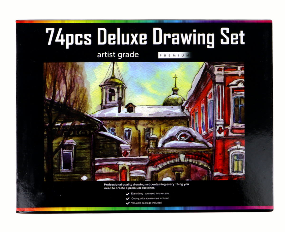 Kompaktne joonistuskomplekt karbis, värvilised pliiatsid ja lisatarvikud korrapäraselt paigutatud