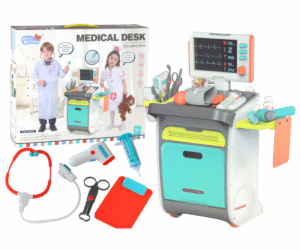 Laste arstimängu meditsiiniline käru röntgenmonitori ja tarvikutega.