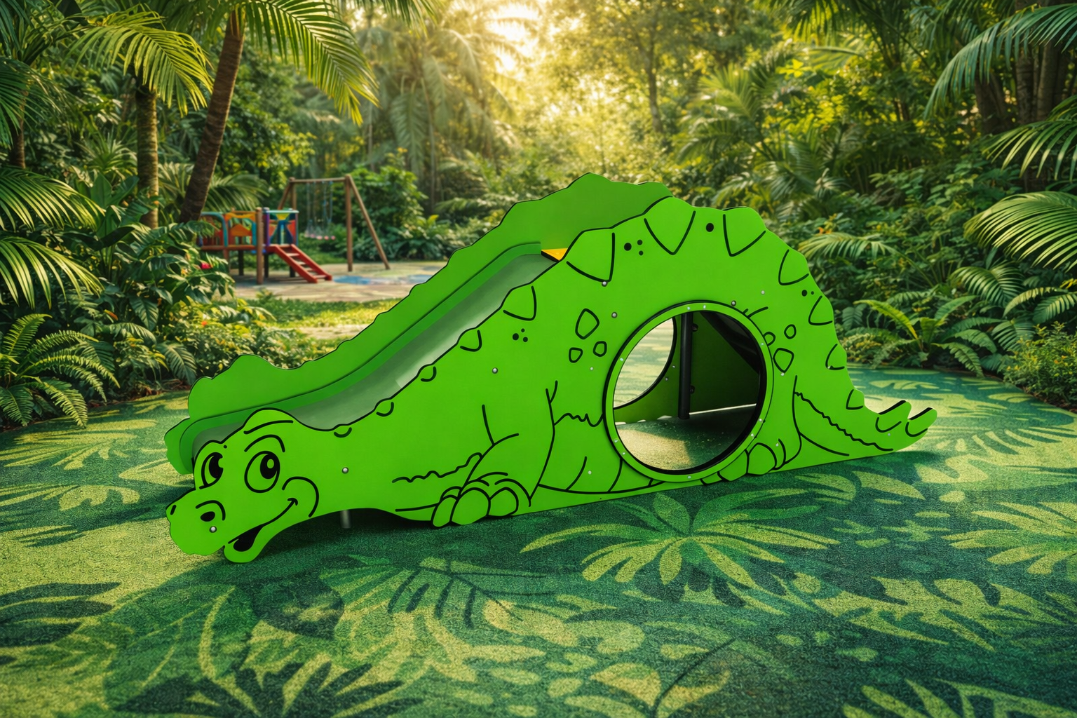 vaade avalikule disnosauruse kujulisele liumäele 3014S-2, taustaks mänguväljak