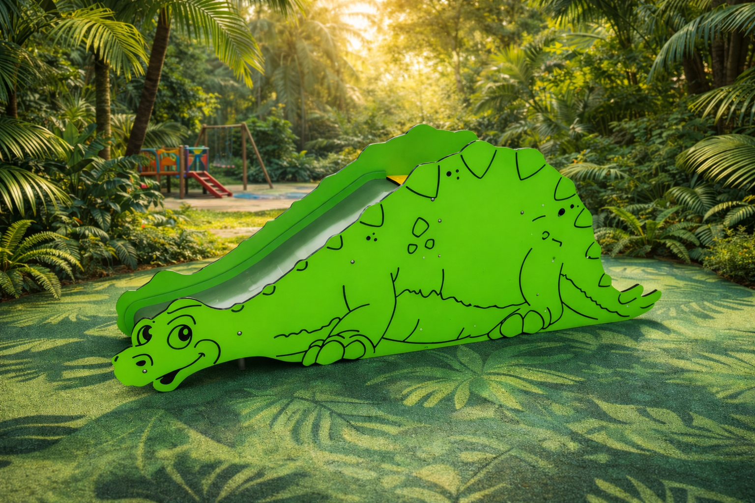 vaade avalikule disnosauruse kujulisele liumäele 3014S, taustaks mänguväljak