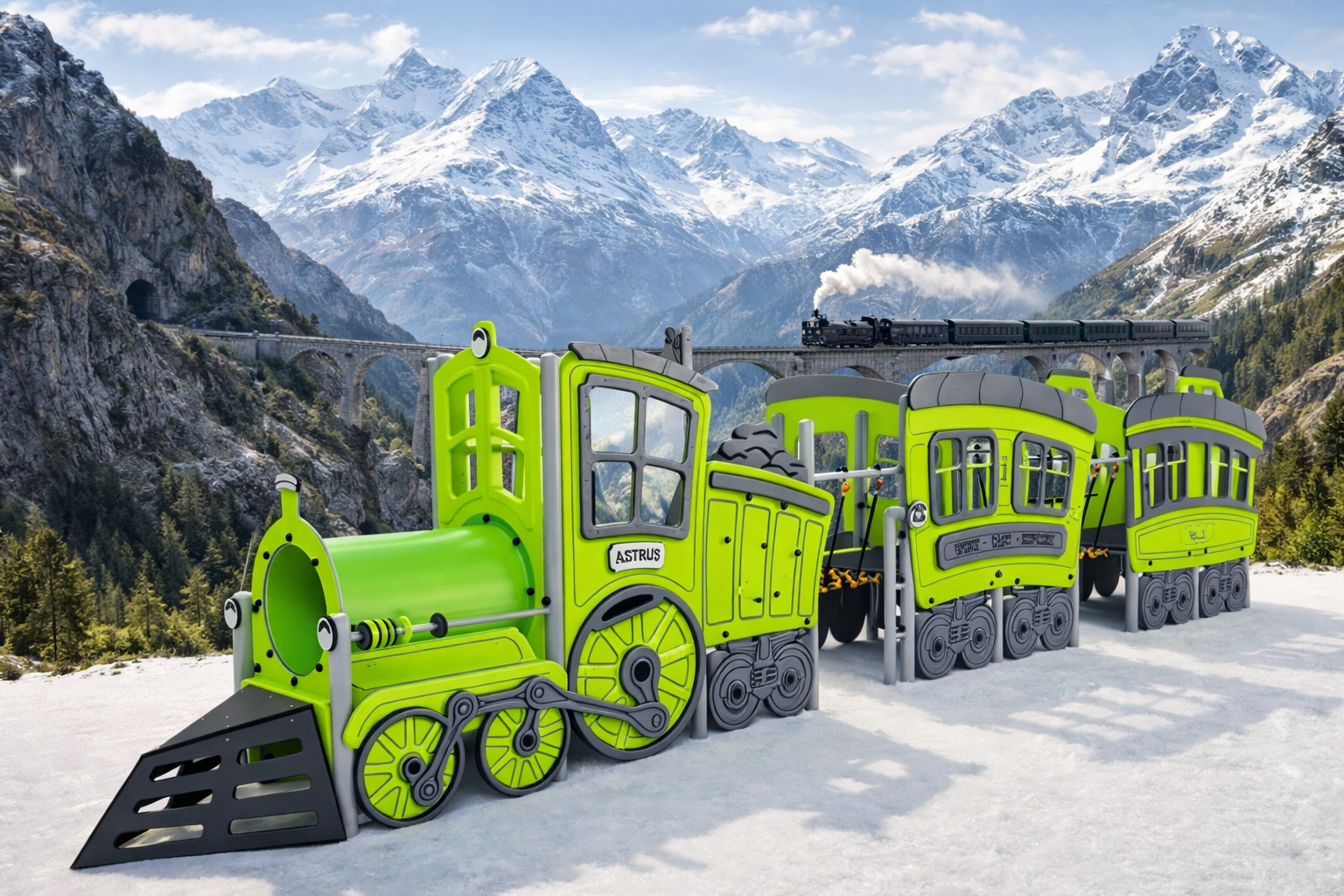 Heleroheline express-rongi motiiviga mänguväljak lumisel mängualal, taustal kõrged lumised mäetipud ning kivisillal üle kuristiku sõitev päris aururong.