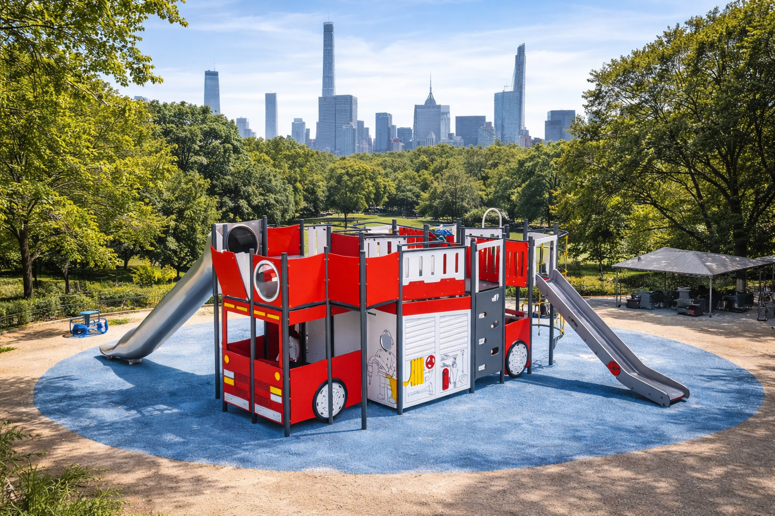 vaade avalikule mänguväljakule 3112S Tuletõrjeauto-motiiviga, taustaks mänguväljak pargis