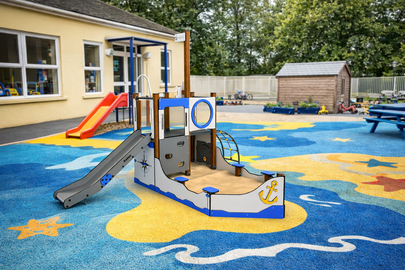 avalik mänguväljak laeva motiiviga 3205D, vaade eest, taustaks lasteaed