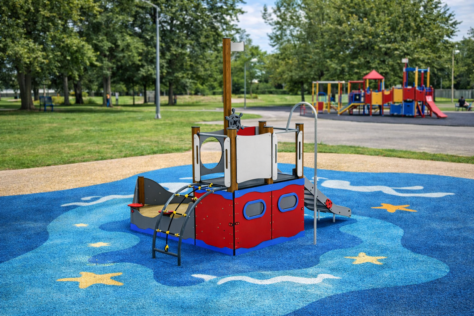 avalik mänguväljak laeva motiiviga 3205D, vaade tagant, taustaks avalik mänguväljak