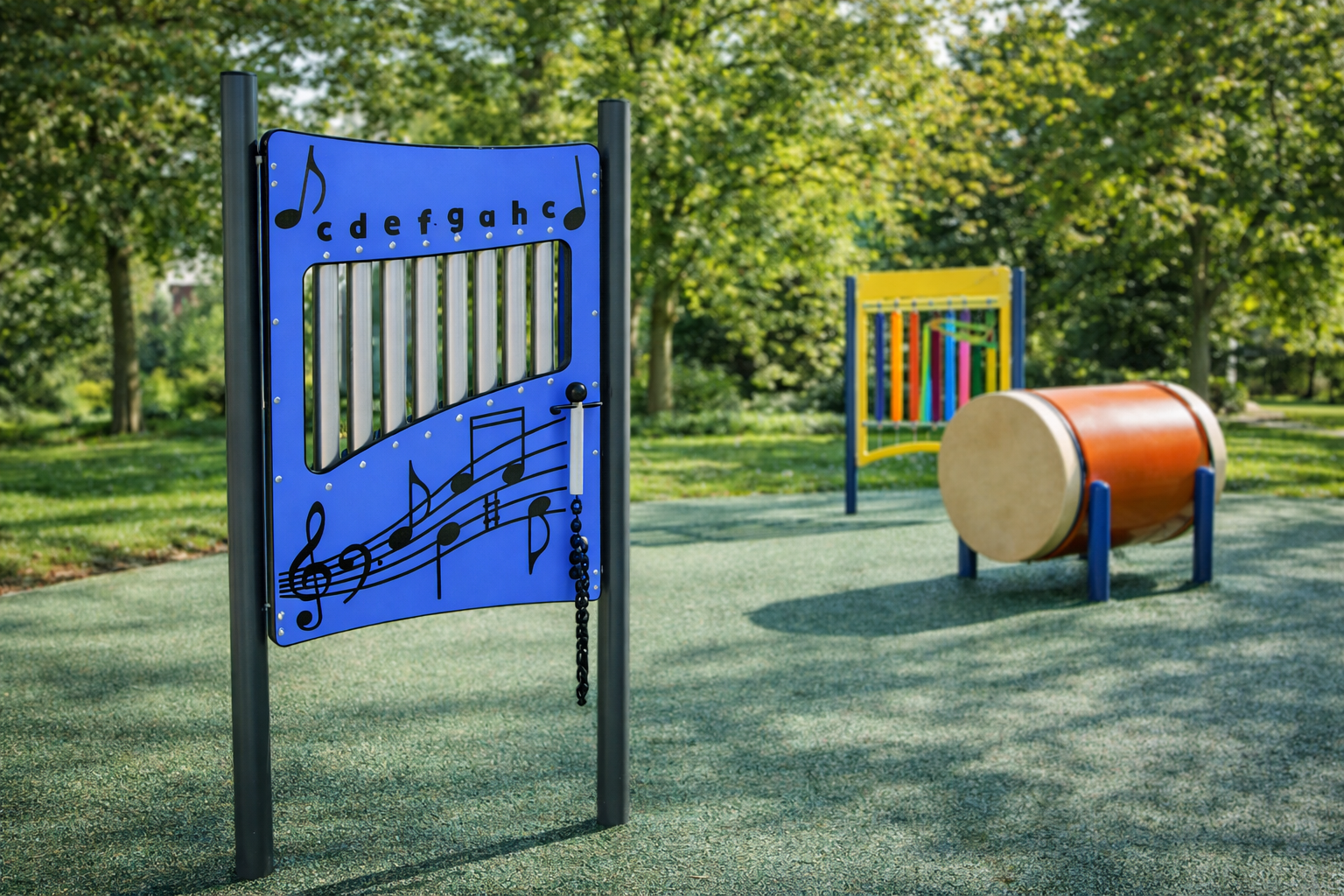 Sinine muusikaline ksülofoni tegelussein avalikul mänguväljakul, taustal värviline torukellade paneel ja suur trumm, paigaldatud rohelisele EPDM turvaalale parkmetsas.