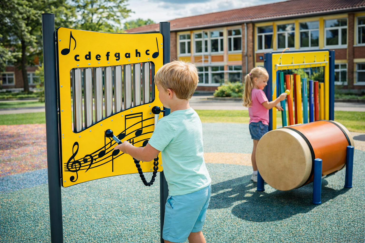 Kaks last mängivad kooli mänguväljakul õues asuva kollase muusikalise ksülofoni ja värviliste torukelladega; taustal on koolihoone ning värviline EPDM turvaalune, mis loob rõõmsa ja elava keskkonna.