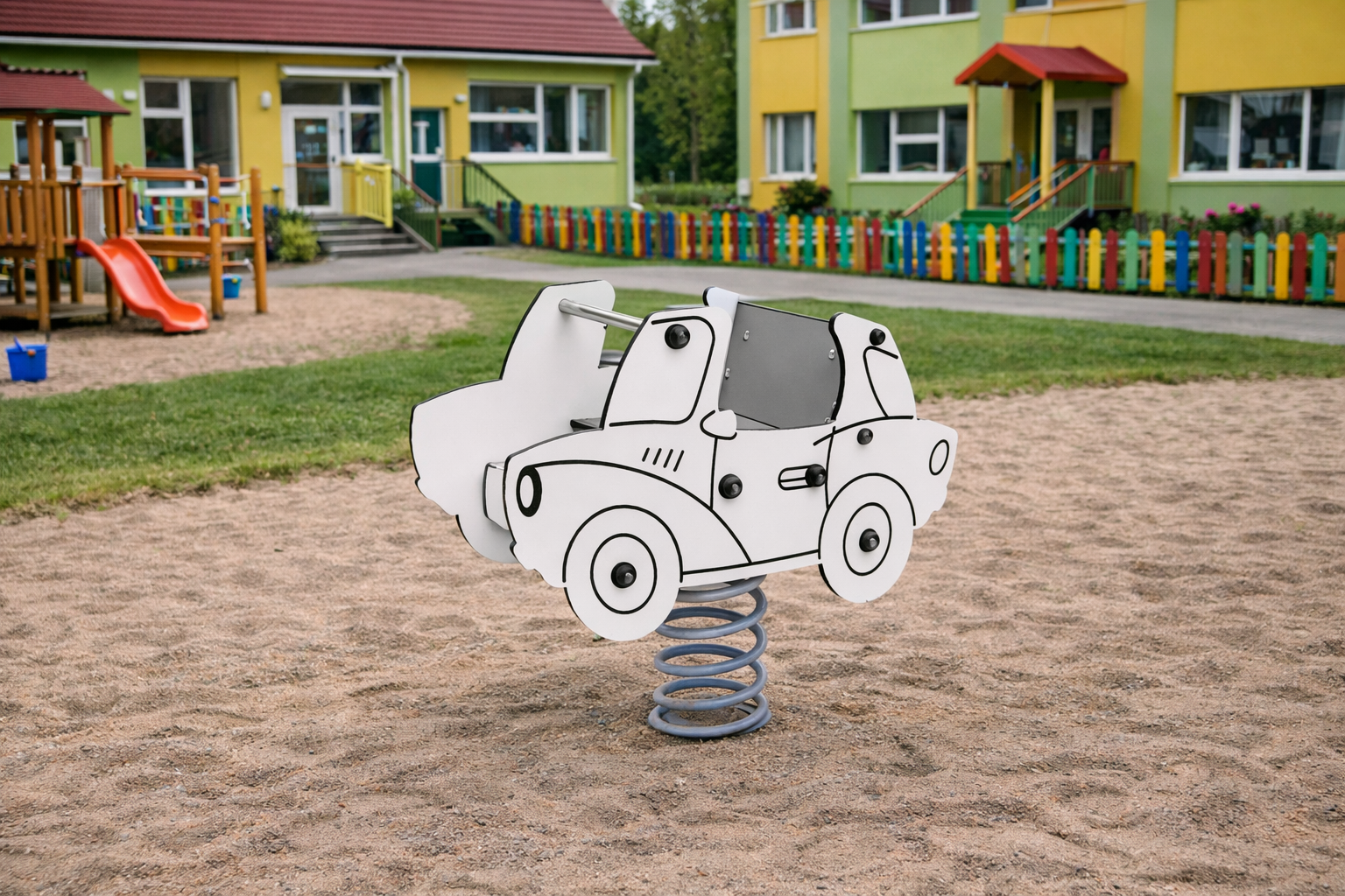 avalik vedrukiik 3420S, auto kujuga, valge, taustaks lasteaed