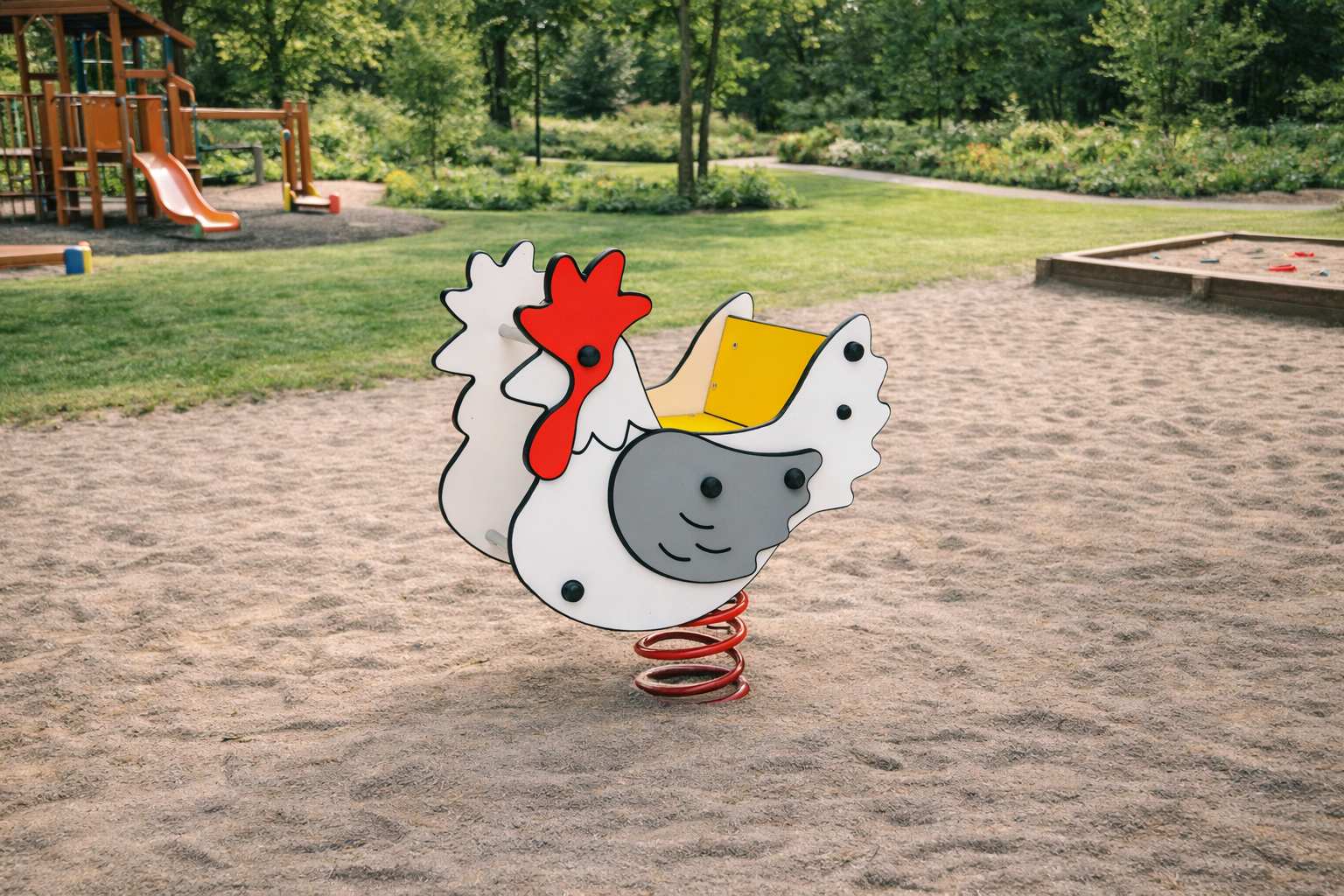 avalik kukekujuline vedrukiik 3422S, punase vedruga, taustaks mänguväljak