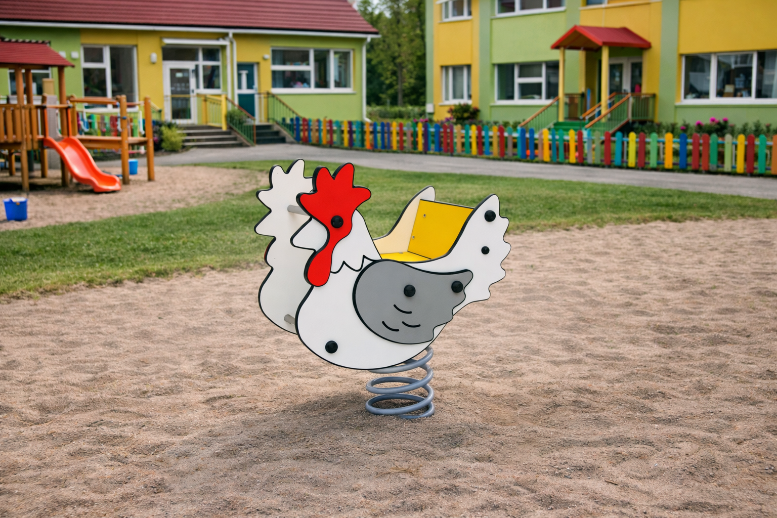 avalik kukekujuline vedrukiik 3422S, halli vedruga, taustaks lasteaed