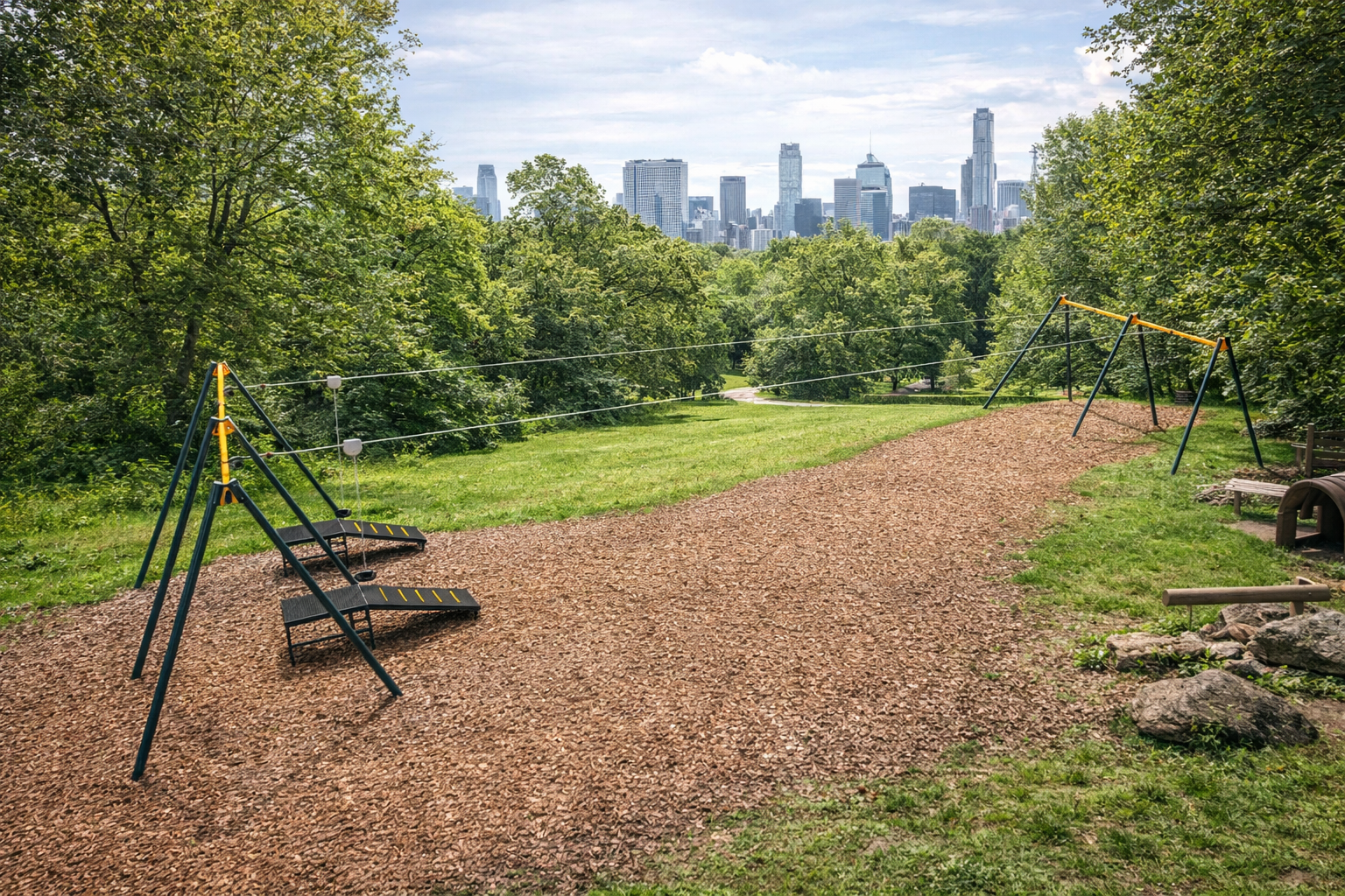 Kahe paralleelse trossiga trosslaskumine suures linnapargis – puiduhakke turvaalal paiknev atraktsioon, mida ümbritseb rohelus ning taustal paistab suurlinna siluett kõrgete hoonetega.