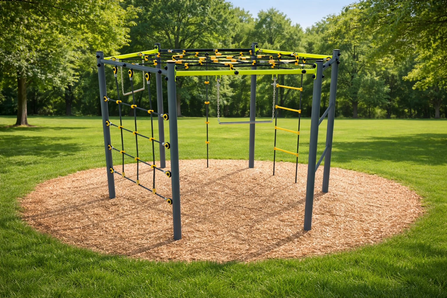 Pealtvaates kuusnurkne ronila köisvõrgu, redeli ja rippuva kangiga.