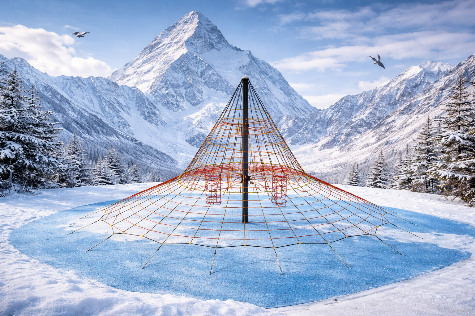 Vaade avalikule püramiidilw 4001S, mis asub mänguväljakul ja taustaks K2 mäestik