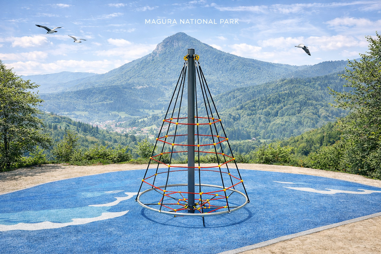avaliku võrkpüramiidi 4005S vaade mänguväljakul, taustaks Magura rahvuspark Poolas
