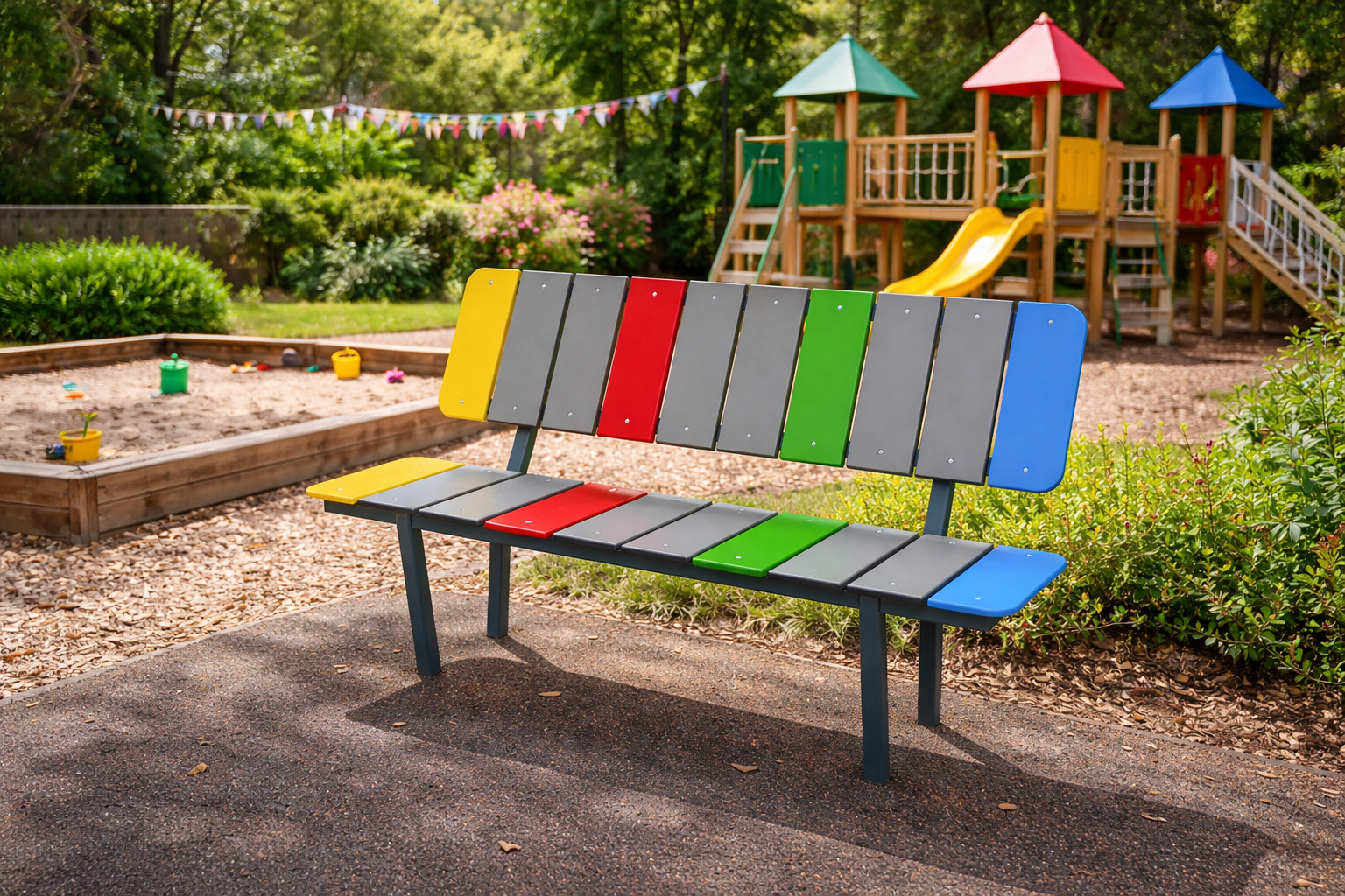 Rohelist, punast, sinist, kollast ja halli tooni metallraamiga pink lasteaia mänguväljakul, taustal mängivad lapsed liivakastis ja ronimisatraktsioonidel värvilise mängulinnaku kõrval.