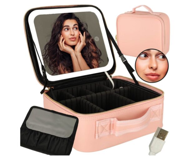 Kosmeetikatarvete kott-organiseerija LED-peegliga, roosa