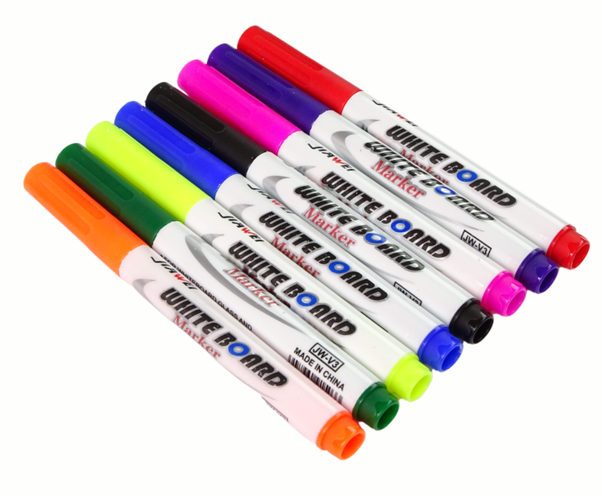 Eri värvi kuivtahvli markerid mustast roosani valgel taustal