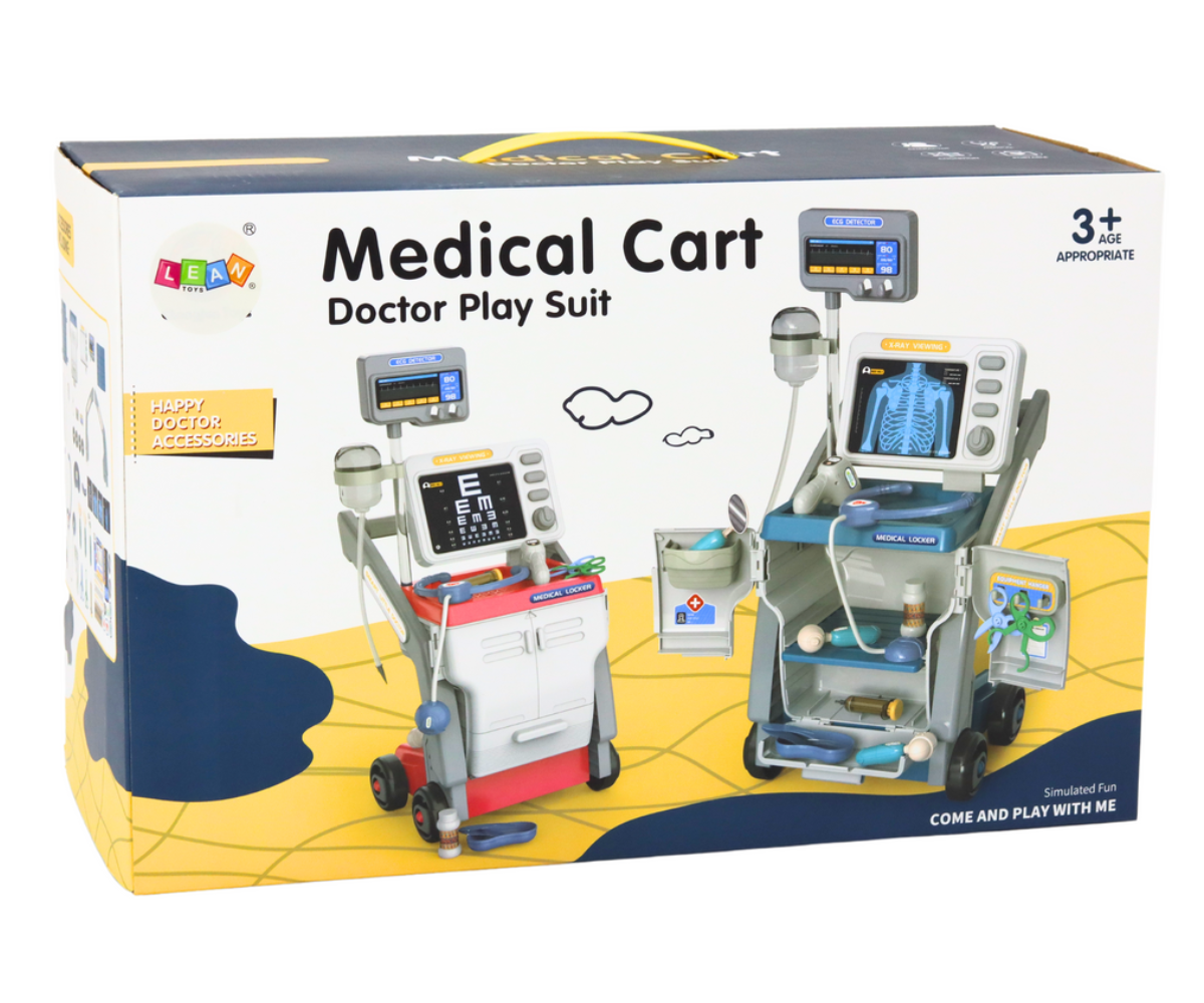 Rattadel meditsiinikäru koos riiulite ja heliefektidega stetoskoobiga mänguvalmis seadistuses.