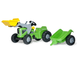 Roheline pedaaltraktor kopa ja järelkäruga, vastupidav laste sõiduk aktiivseks õuemänguks. 🚜