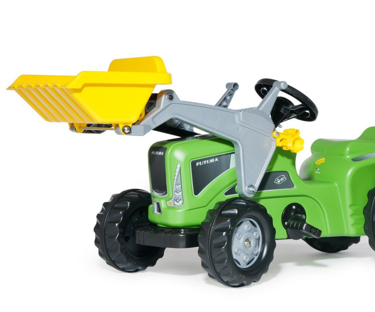 RollyKiddy Futura pedaaltraktor kopa ja haagisega, roheline laste traktor õues mängimiseks.