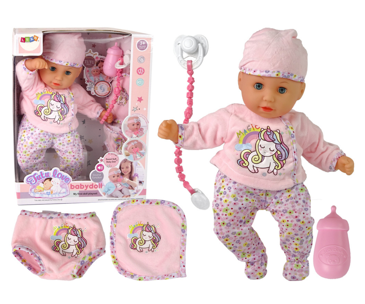 Interaktiivne beebinukk TUTU 38cm + lutt, pudipõll, ükssarviku pidžaama