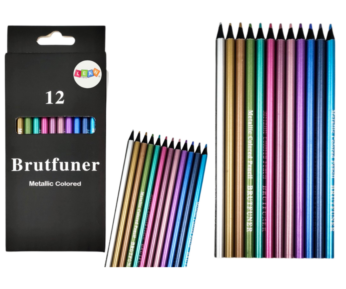 Metallikvärvi pliiatsite komplekt 12tk karbis, nähtaval säravad toonid aknaga pakendis