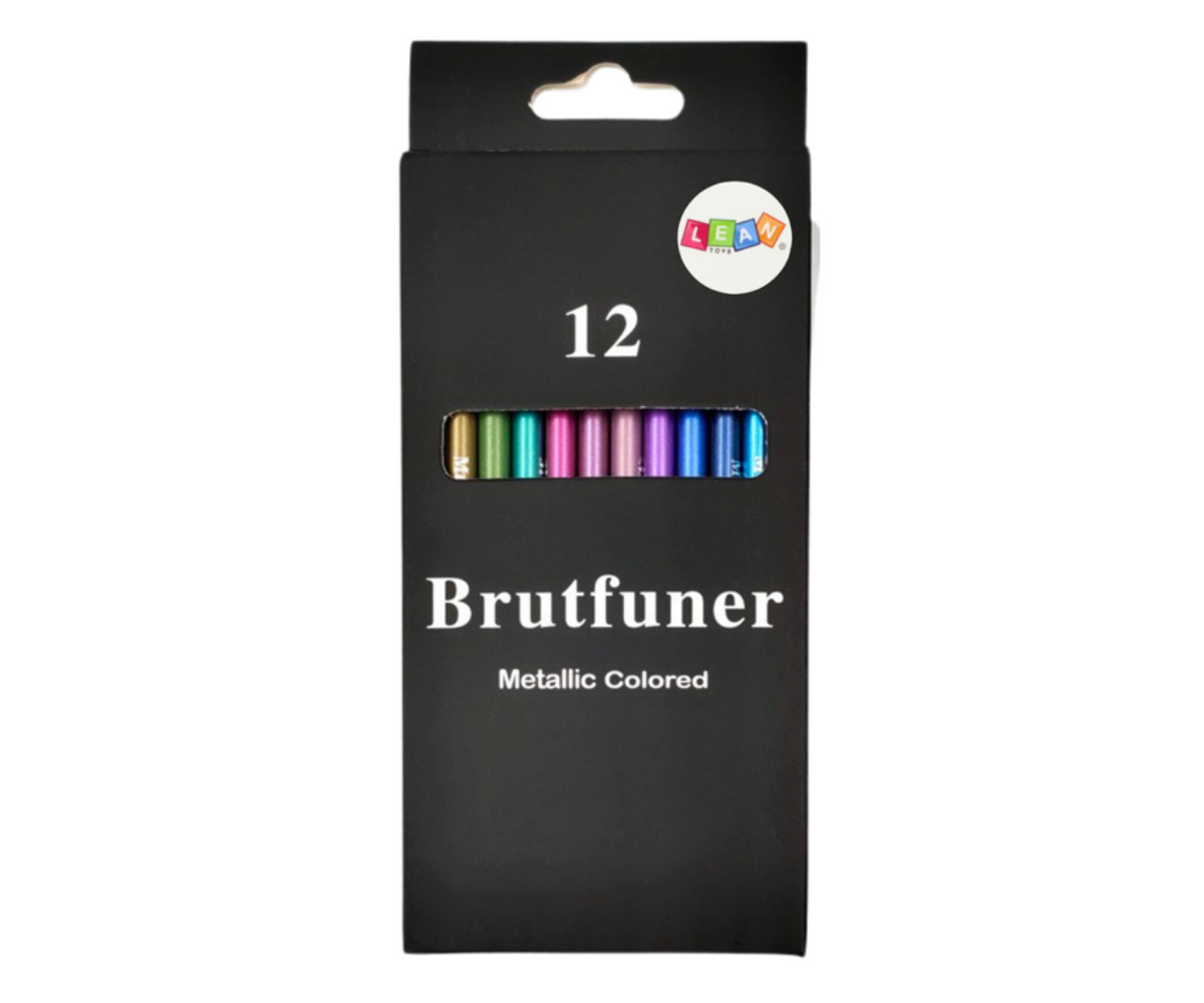 12 metallikpliiatsit laiali asetatud laual, värvid peegeldavad valgust ja sädelevad