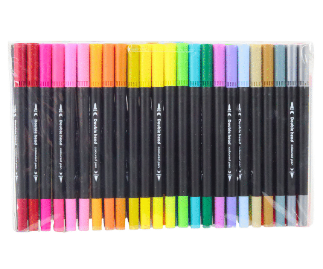 Markerikomplekt avatud karbis, nähtaval erksad värvid ja topeltotsad