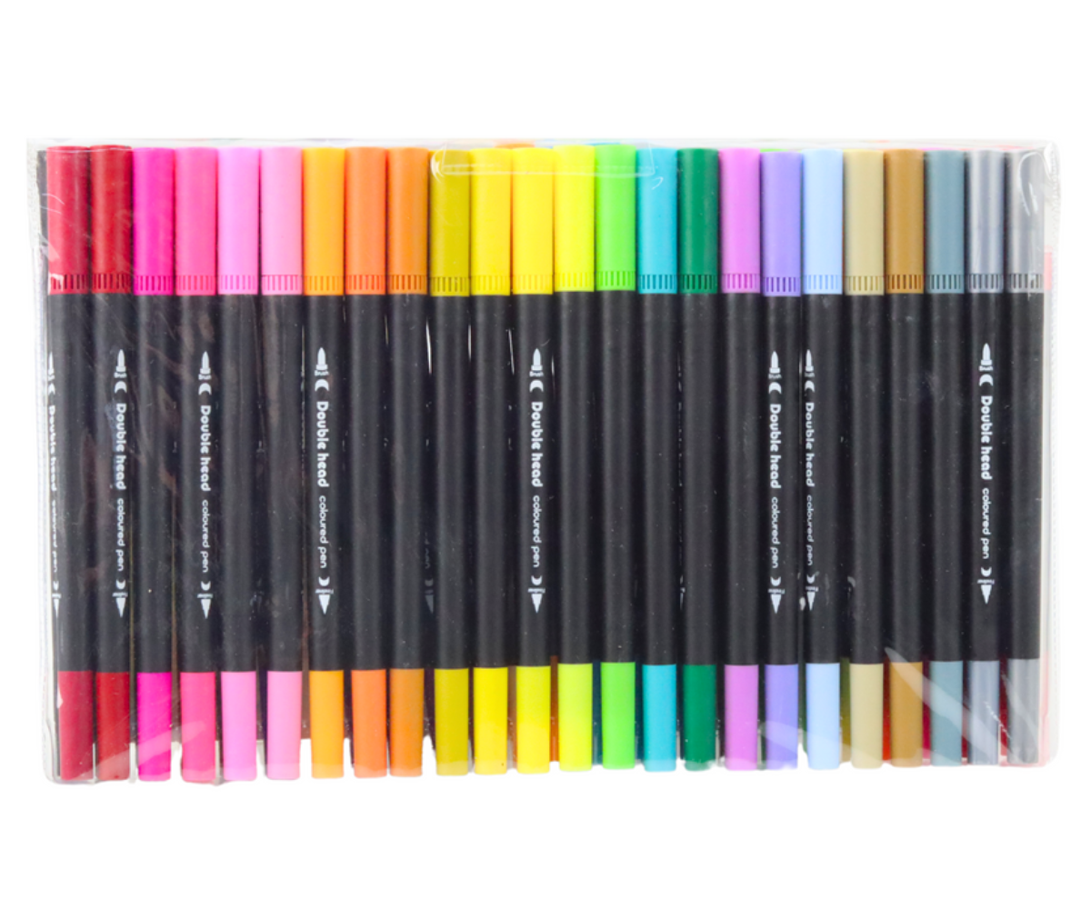 Markerikomplekt avatud karbis, nähtaval erksad värvid ja topeltotsad