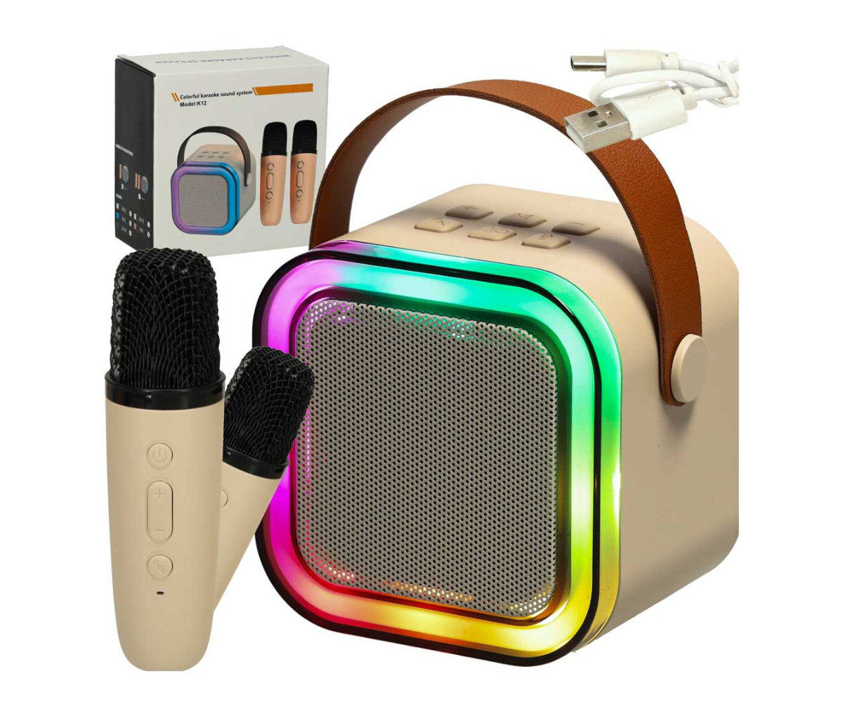 Kaasaskantav karaokekõlar S bluetoothiga + 2 mikrofoni LED tulega, beež