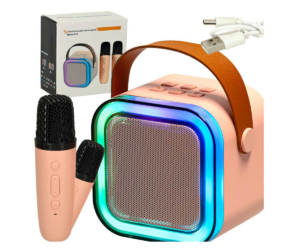 Kaasaskantav karaokekõlar bluetoothiga + 2 mikrofoni LED tulega, beežikas-roosa